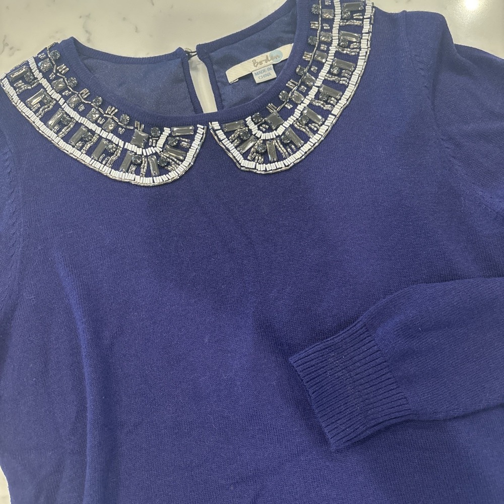 Boden Navy Blue Rhinestone Beaded Collar Knit Sweater Sz US 8 UK 12 Preppy Girly